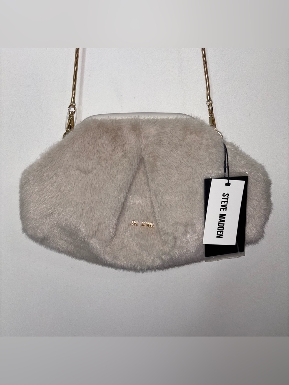 STEVE MADDEN Faux Fur Clutch Shoulder Bag With Gold-tone Chain Strap NEW